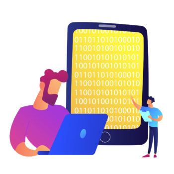 Programmer working with laptop and big mobile phone with binary code vector illustration. Mobile application development and binary code, API and programming concept. Isolated on white background.
